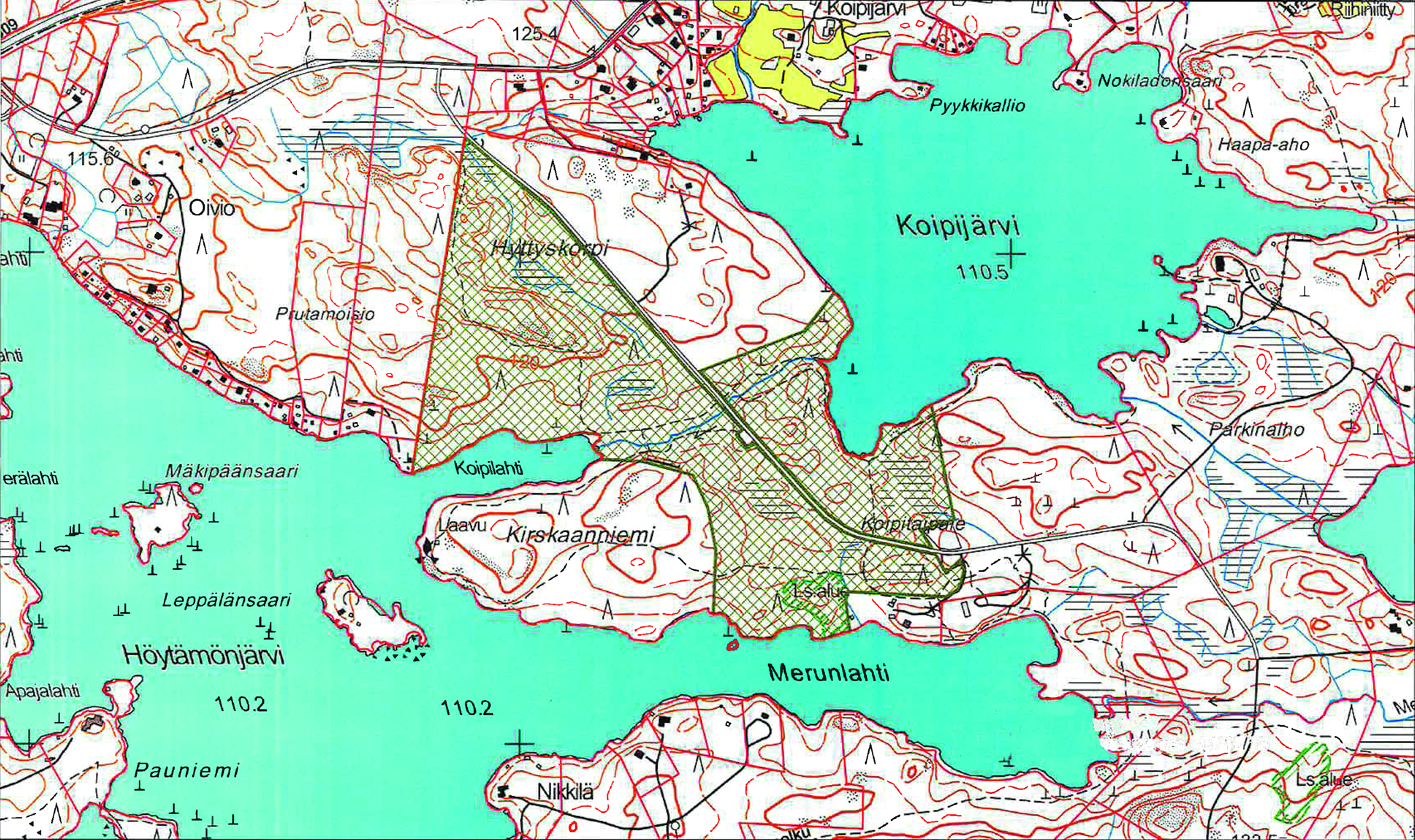 Kokonaan Lempäälän kunnan omistuksessa oleva Koipitaipale sijaitsee Kuljun kylän alueella Merunlahden ja Koipijärven välisellä kannaksella ja on kooltaan 48,1 hehtaaria.  Kartta: Maanmittauslaitos